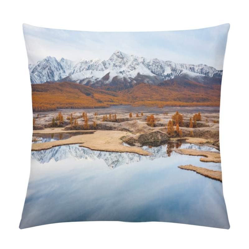 Personality  Snowy Mountains And Autumn Trees Reflected In Lake, Depicting Serene And Natural Scenery. Pillow Covers