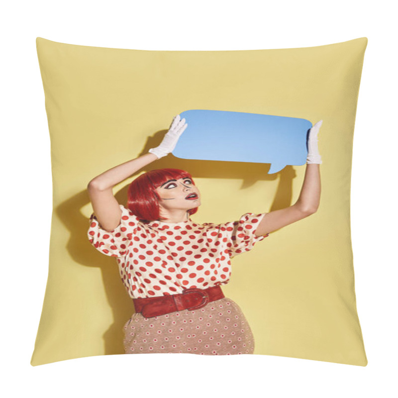 Personality  A Pretty Redhead Woman With Creative Pop Art Makeup Holds A Bright Blue Speech Bubble On A Yellow Background. Pillow Covers