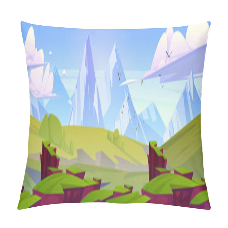 Personality  Cartoon Nature Landscape Green Valley With Grass And Rocks Under Blue Sky With Fluffy Clouds And Flying Birds, Picturesque Scenery Background, Natural Tranquil Countryside Scene, Vector Illustration Pillow Covers