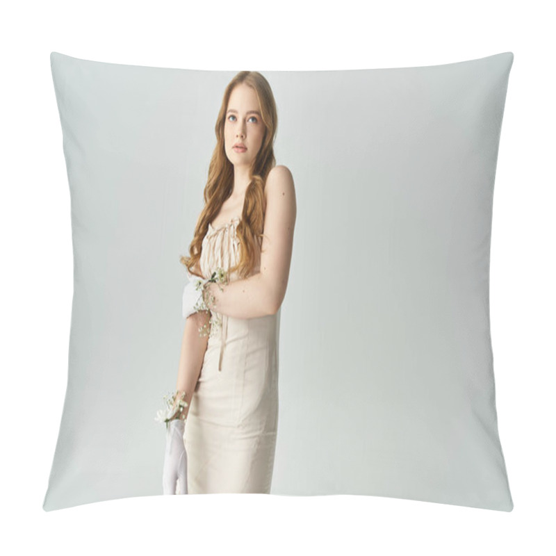 Personality  A Lovely Young Woman Stands Gracefully, Showcasing Floral Accents. Pillow Covers