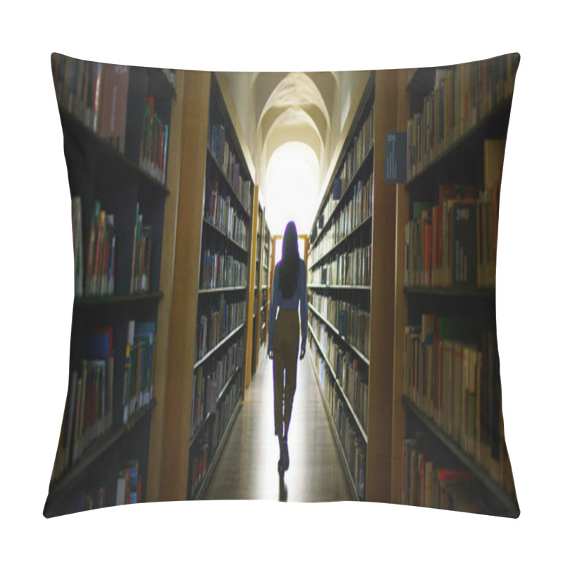 Personality  Portrait Of A Beautiful Young Woman Smiling Happy In A Library Holding Books After Doing A Search And After Studying. Concept: Educational, Portrait, Library, And Studious. Pillow Covers