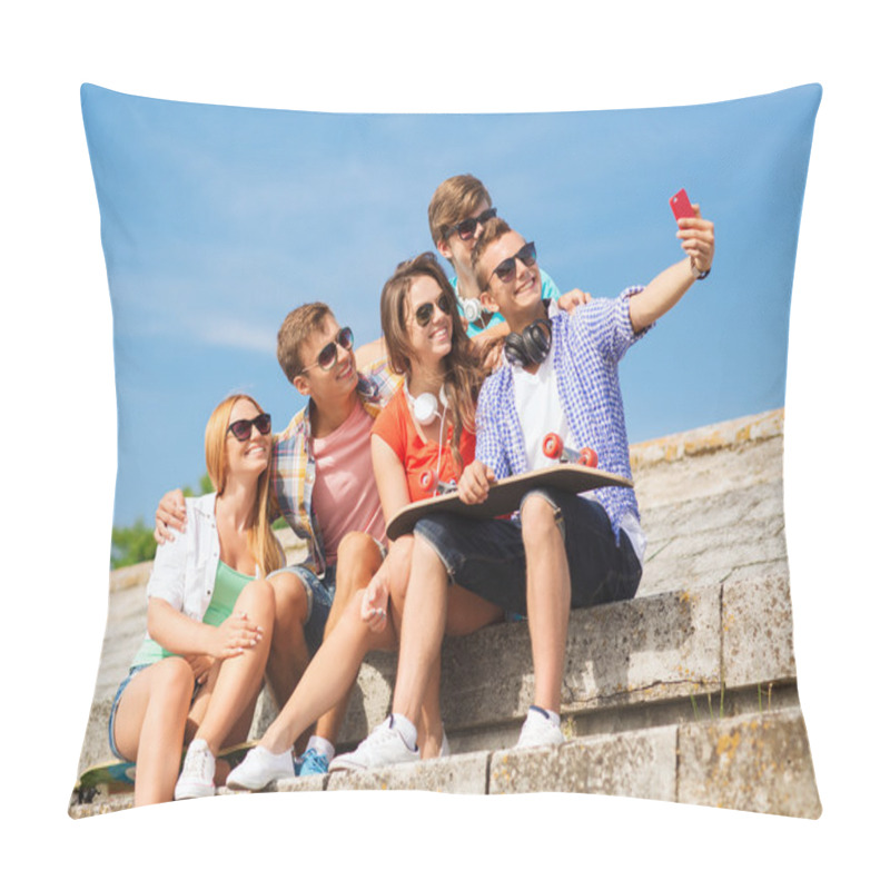 Personality  Group Of Smiling Friends With Smartphone Outdoors Pillow Covers