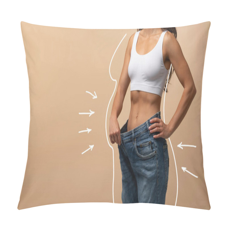 Personality  Before And After Weight Loss Concept. Cropped Of Slender Well-fit Athletic Middle Eastern Woman Wearing White Top And Oversize Jeans, Showing Thin Waist, White Shape Lines Of Chubby Lady, Copy Space Pillow Covers