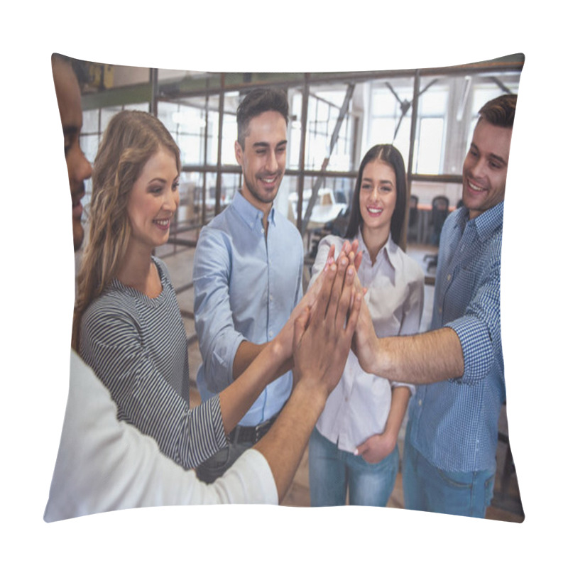 Personality  Successful Business Team Is Giving High Five And Smiling While Standing In Office Pillow Covers