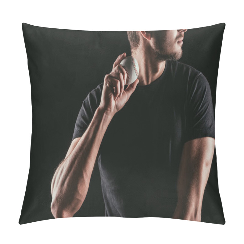 Personality  Mid Section Of Young Man Holding Baseball Ball Isolated On Black Pillow Covers