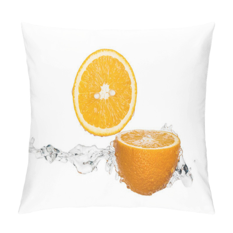 Personality  Fresh Orange Halves With Water Splash Isolated On White Pillow Covers