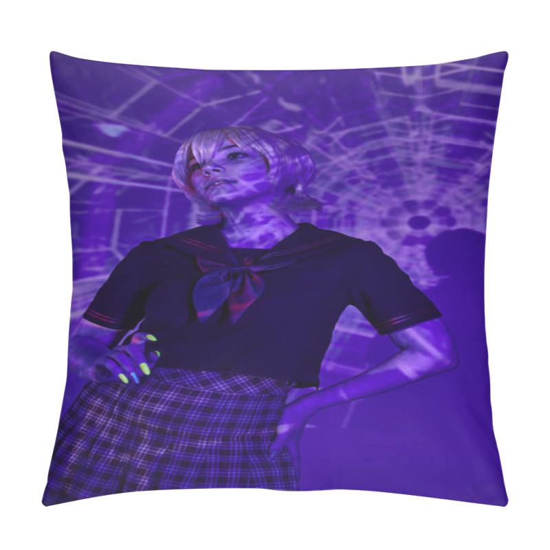 Personality  Young Anime Style Woman In School Uniform Posing With Hand On Hip In Blue Abstract Projection Pillow Covers