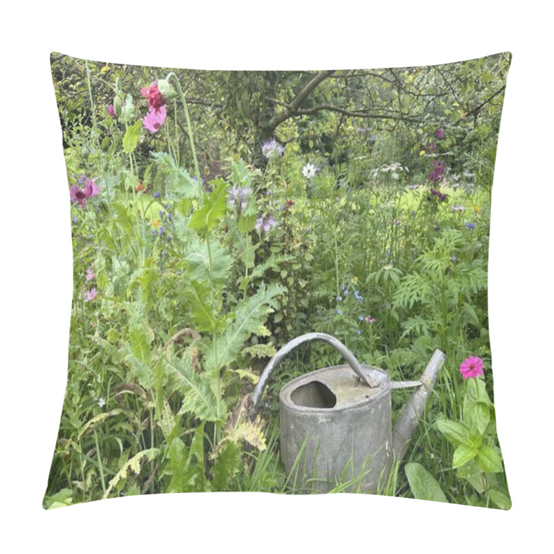 Personality  A Flower Bed With Poppies And A Watering Can Under The Apple Tree. A Low-maintenance Garden Featuring Wildflowers And A Vintage Watering Can. Jardin Du Rossignol. France Pillow Covers