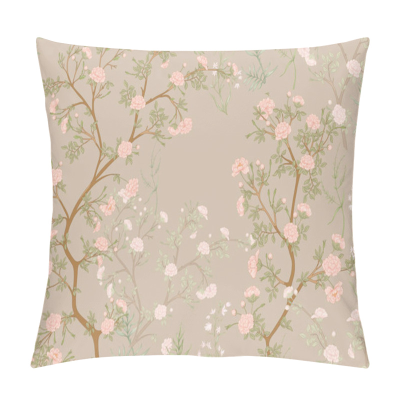 Personality  Blossom Trees With Flowers And Butterflies. Seamless Pattern, Background. Vector Illustration. In Chinoiserie, Japandi, Botanical Style Pillow Covers