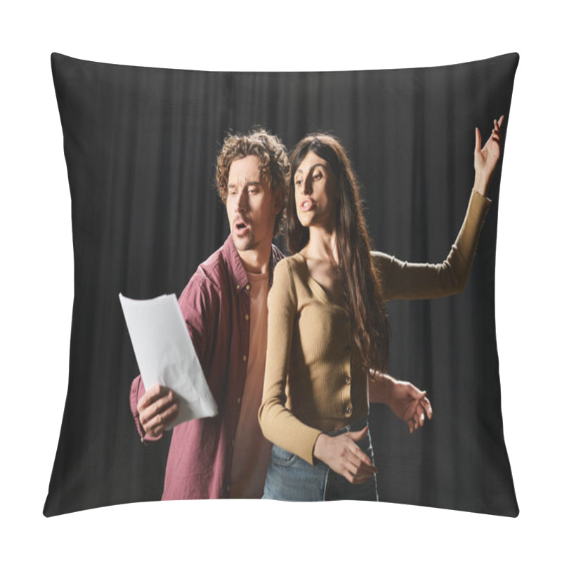 Personality  A Man And Woman Rehearsing Together With A Paper In Hand. Pillow Covers