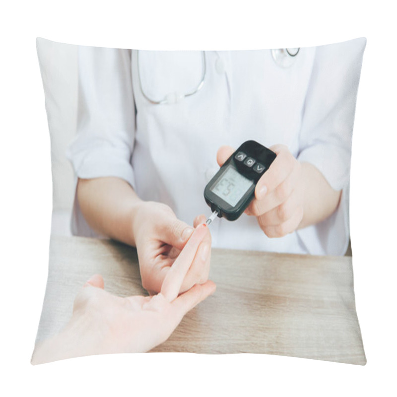 Personality  Cropped View Of Donor And Doctor Measuring Glucose Level With Glucometer Pillow Covers