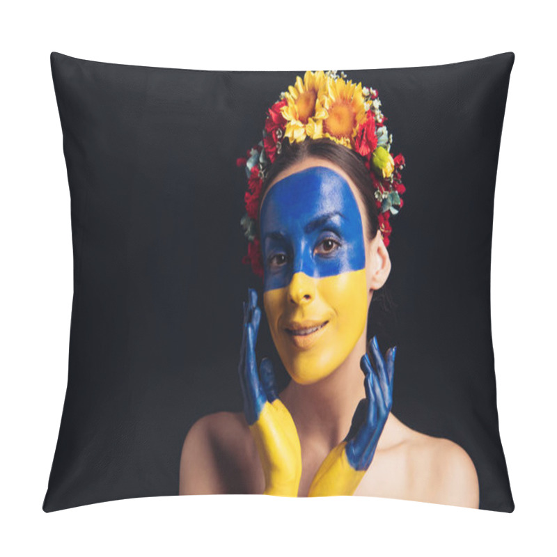 Personality  Happy Naked Young Woman In Floral Wreath With Painted Ukrainian Flag On Skin Screaming Isolated On Black Pillow Covers