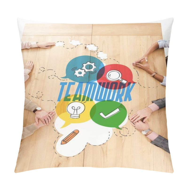 Personality  Overhead View Of Multiracial Business People At Wooden Table With Paper Clouds, Teamwork Inscription And Business Signs Pillow Covers