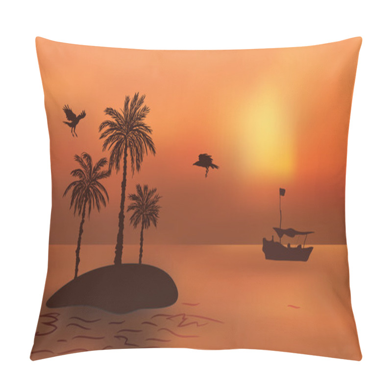 Personality  Tropical Island With Palm Trees At Sunset. The Fishermen's Boat  Pillow Covers