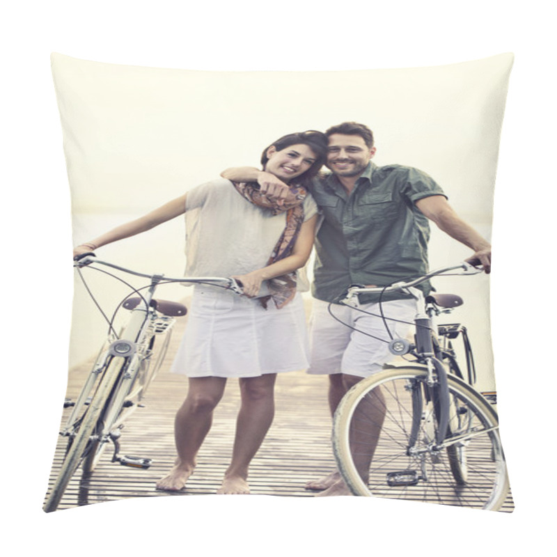 Personality  Couple In Love Pushing Their Bike Toghether On A Boardwalk Pillow Covers