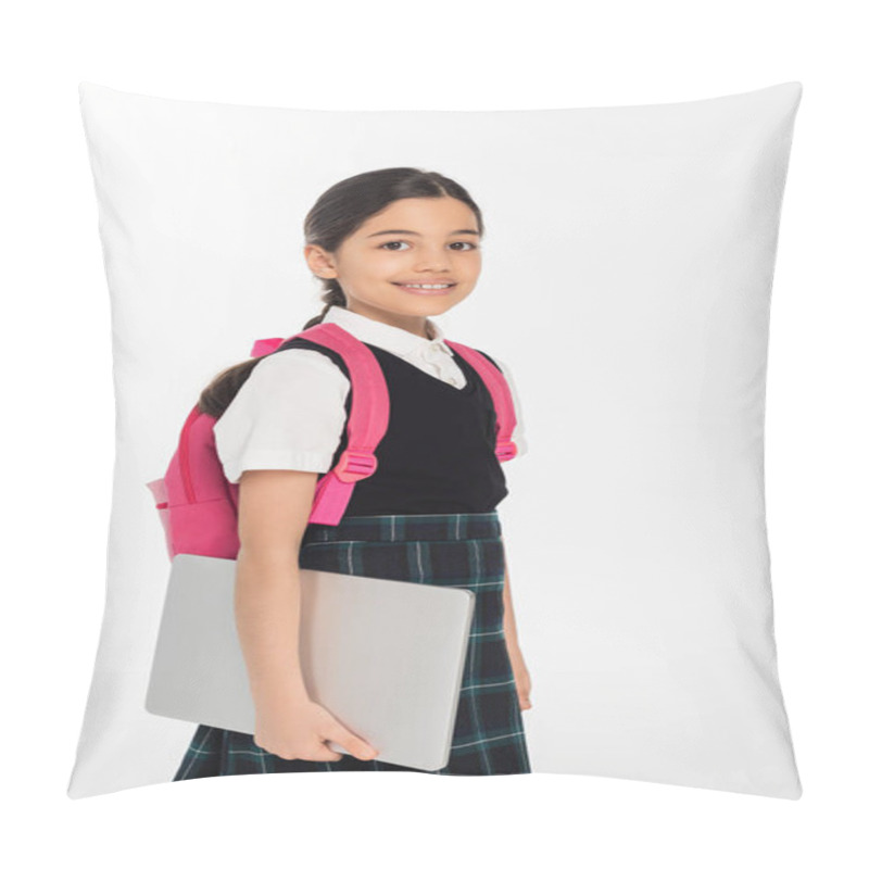 Personality  Positive Schoolgirl Holding Laptop And Looking At Camera, Girl In School Uniform, Isolated On White Pillow Covers