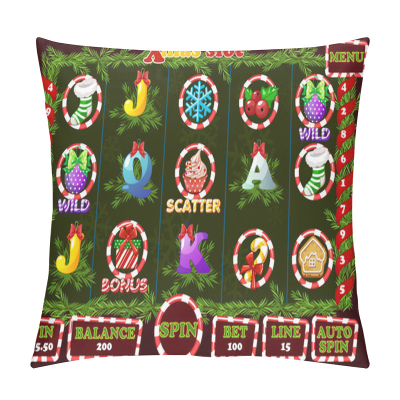 Personality  Christmas Slot, Game UI Interface And Icons. Complete Menu For Casino Game. Pillow Covers