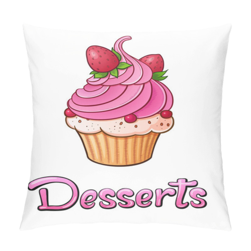 Personality  Desserts Lettering And Illustration. Restaurant Cafe Bar Menu Title. Cake With Pink Cream And Strawberries. Calligraphic Headline. Colorful Volume Font Pillow Covers