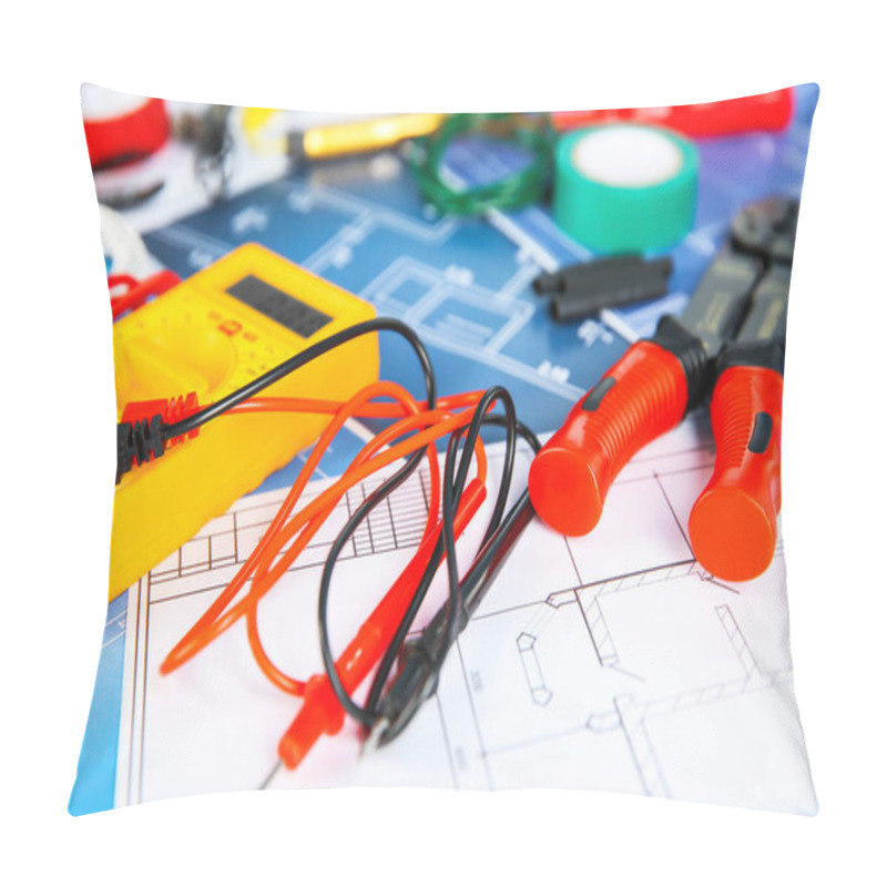 Personality  Different electrical tools on house plans, closeup pillow covers