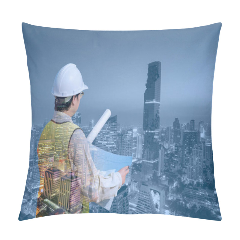 Personality  Double Exposure Construction Engineer Checking Construction Drawing With Modern City Pillow Covers