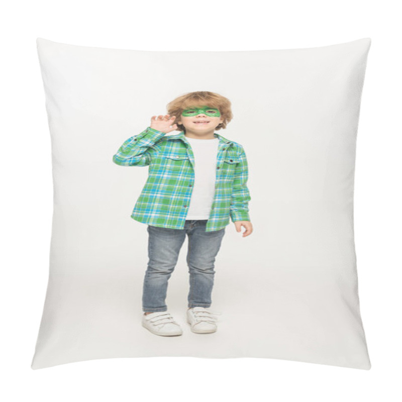 Personality  Full Length View Of Cute Boy With Gecko Mask Painted On Face Waving Hand At Camera On White Background Pillow Covers