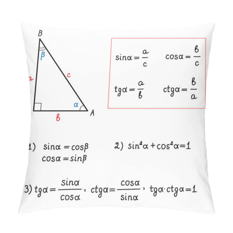 Personality  Basic Trigonometric Identities.Formulas For Calculating Sinus,cosine,tangent,cotangent.Triangle.Education,school Program. Higher Mathematics.Handwritten Math Text.Vector Illustration Pillow Covers