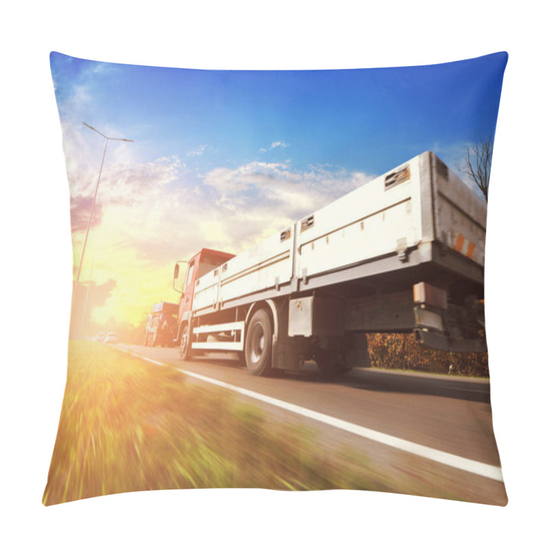 Personality  Flatbed Truck And Cars In Motion On Countryside Road Against Sky With Sunset Pillow Covers