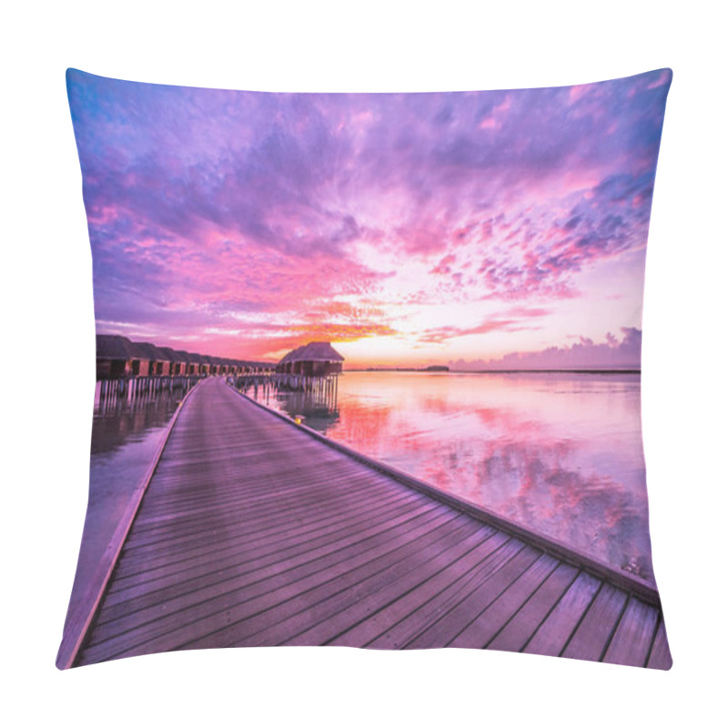 Personality  Sunset On Maldives Island, Luxury Water Villas Resort And Wooden Pier. Beautiful Sky And Clouds And Beach Background For Summer Vacation Holiday And Travel Concept Pillow Covers