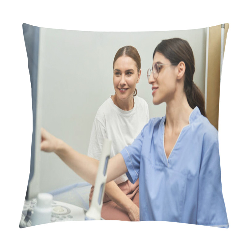 Personality  A Skilled Gynecologist Performs A Health Checkup With A Patient In A Well-equipped Clinic. Pillow Covers