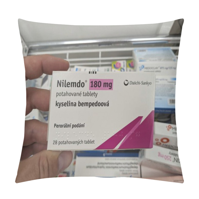 Personality  Prague,Czech Republic-October 9 2024: Nilemdo By DAIICHI SANKYO Contains BEMPEDOIC ACID, A Medication For Lowering LDL Cholesterol In Patients Who Need Additional Cholesterol Management Despite Diet  Pillow Covers