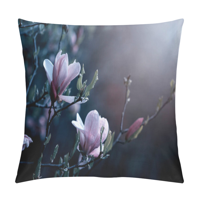 Personality  Magnolia Flowers On A Sunny Day, Close-up. Magnolia Tree With Beautiful Pink Petals Outside. Spring Magnolia Flowers In The Garden. Pillow Covers