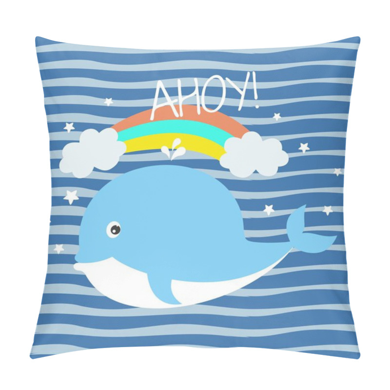 Personality  Greeting Card With Charming Little Whale On Background With Blue Stripes. Pillow Covers