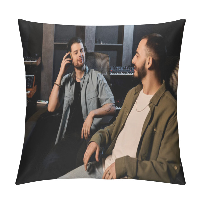 Personality  Two Men In A Recording Studio Engage In A Phone Call During A Music Band Rehearsal. Pillow Covers