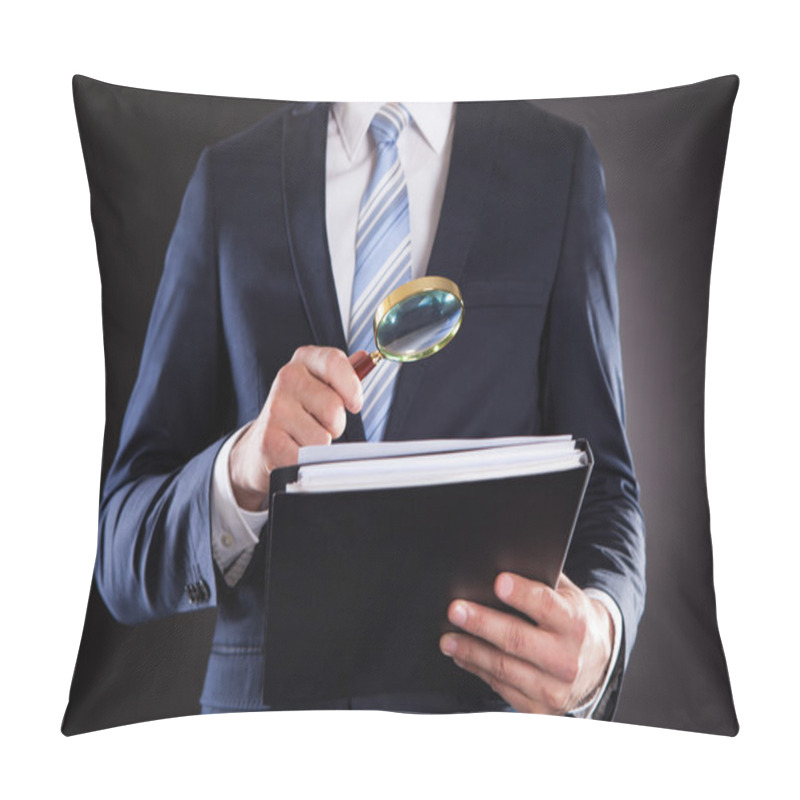 Personality  Businessman Examining Documents With Magnifying Glass Pillow Covers