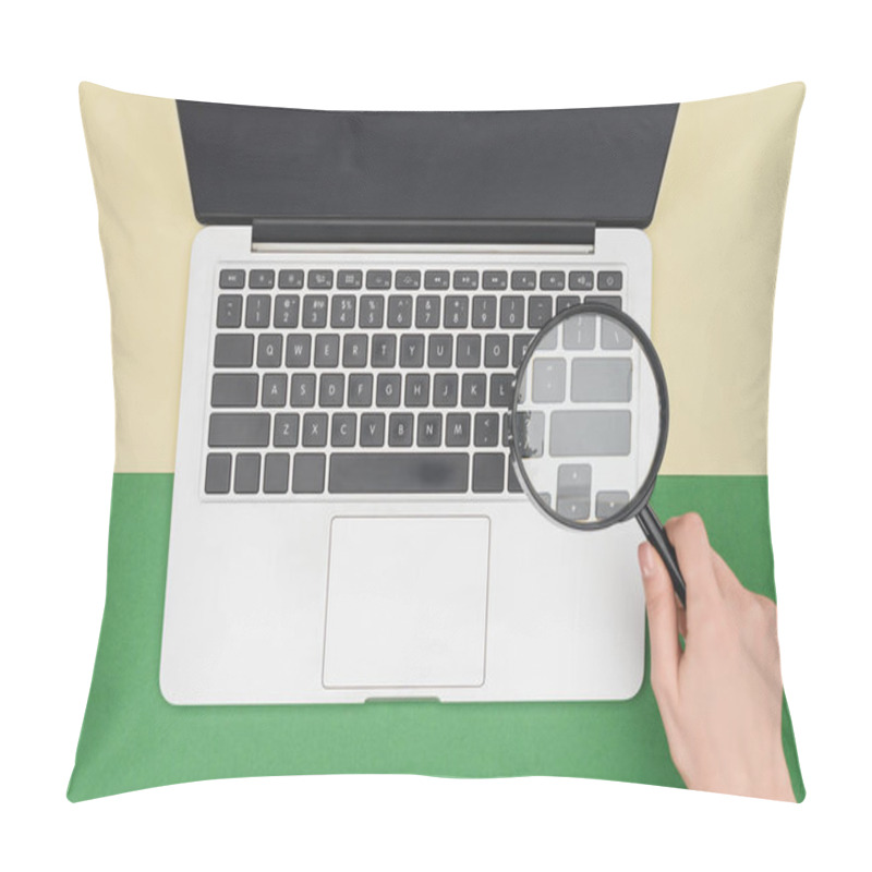 Personality  Top View Of Woman Holding Magnifier In Hand Above Laptop  Pillow Covers