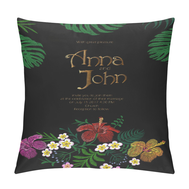 Personality  Wedding Invitation Design With Jungle Hawaii Flowers. Save The Date Card With Tropical Exotic Palm Monstera Leaves. Hibiscus, Plumeria, Frangipani Golden Embroidery Vector Illustration Pillow Covers