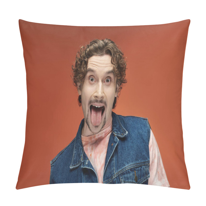 Personality  A Cheerful Man Joyfully Poses, Playfully Sticking Out His Tongue. Pillow Covers