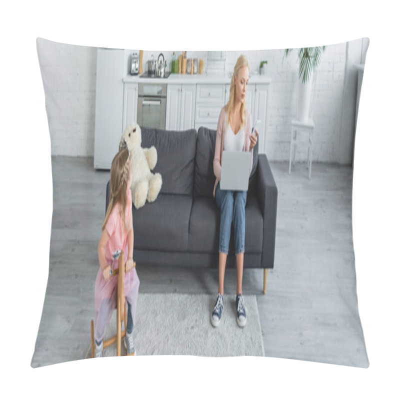 Personality  Woman With Laptop And Smartphone Near Daughter Riding Rocking Horse, Banner Pillow Covers