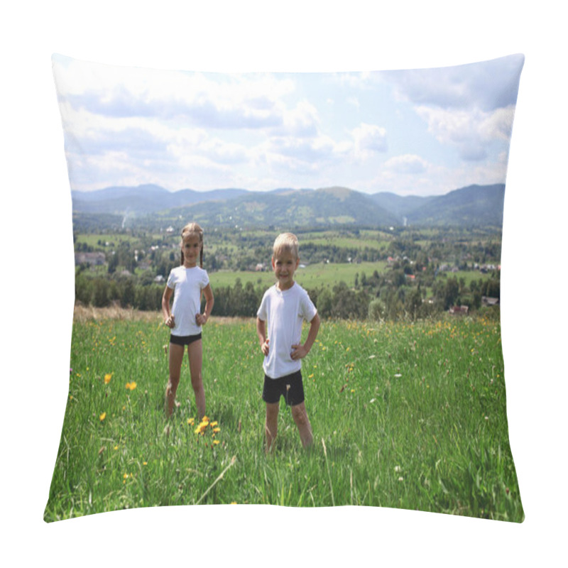 Personality  Two Cute Sibling Doing Their Morning Exercises Pillow Covers