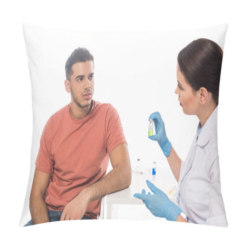 Personality  Female Doctor Showing Hpv Vaccine To Patient At Table Isolated On White Pillow Covers