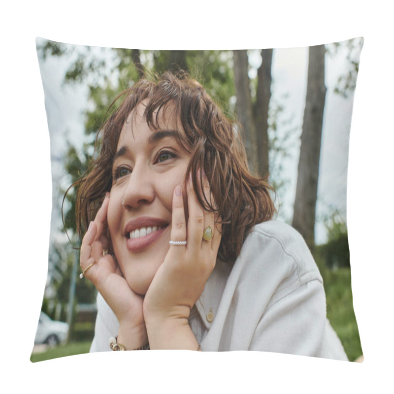 Personality  A Joyful Young Woman In A White Shirt Relaxes And Enjoys The Warmth Of Summer Under A Canopy Of Trees. Pillow Covers