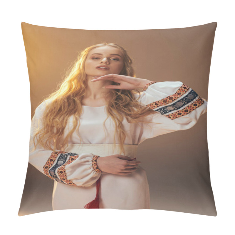 Personality  A Young Maiden Dressed In White Poses Gracefully, Embodying An Aura Of Fairy And Fantasy In A Studio Setting. Pillow Covers