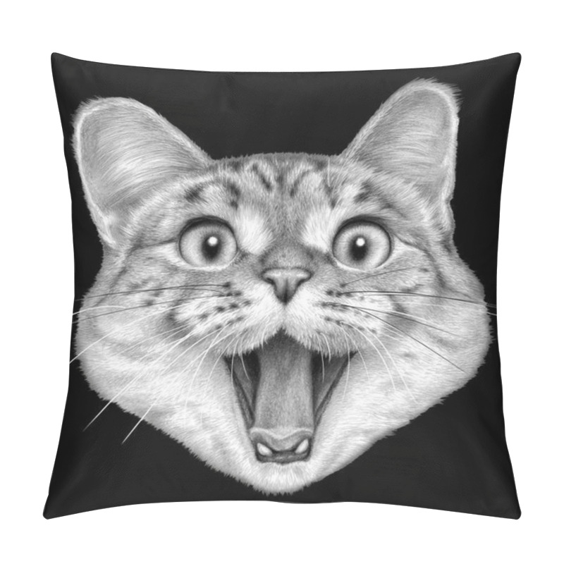 Personality  Monochrome Portrait Of A Happy Cat On A Black Background. Drawing With Watercolor Pencils Pillow Covers