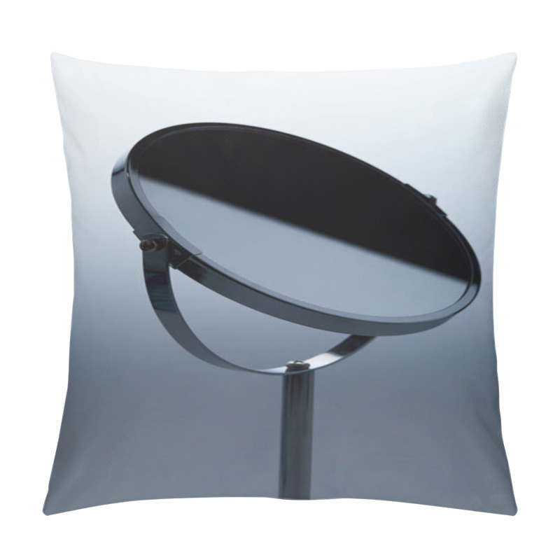 Personality  Close-up Shot Of Cosmetic Mirror With Stand On Grey Pillow Covers