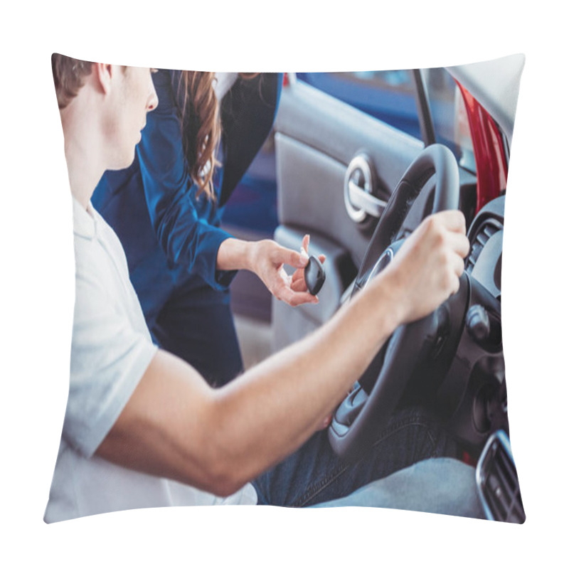 Personality  Manager Giving Car Key To Customer Pillow Covers