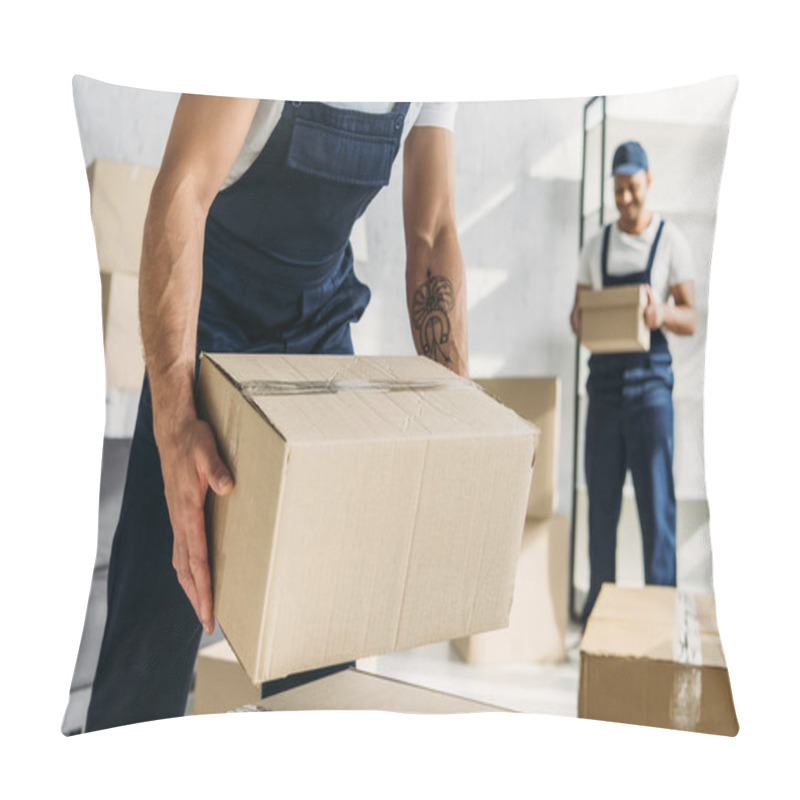 Personality  Cropped View Of Tattooed Worker In Uniform Holding Carton Box Near Indian Coworker  Pillow Covers