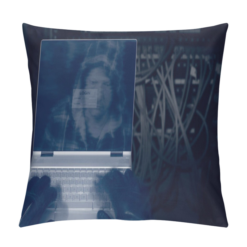 Personality  Hacker With Laptop On A Dark Background Of Structured Cabling. Close-up Of Male Hands In Black Gloves On Keyboard, Motion Blur. Mysterious Reflection Of A Spy's Head In Hood On A Digital Display. Pillow Covers