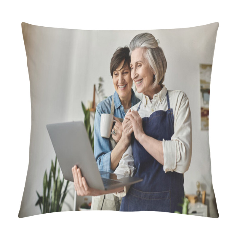 Personality  Two Women Engaged With Laptop Together. Pillow Covers