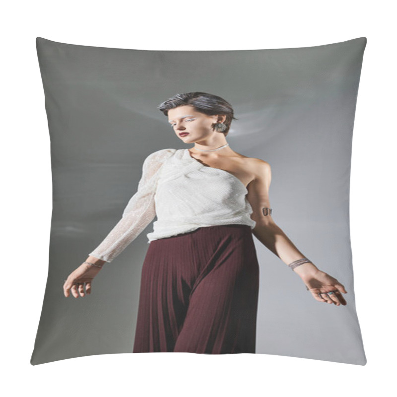 Personality  A Stylish Woman In Winter Fashion Exudes Confidence While Striking A Pose Indoors. Pillow Covers