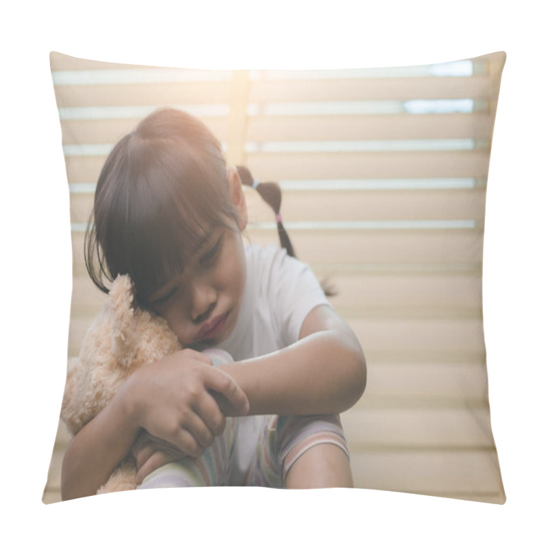 Personality  Close Up Lonely Little Girl Hugging Toy, Sitting At Home Alone, Upset Unhappy Child Waiting For Parents, Thinking About Problems, Bad Relationship In Family, Psychological Trauma Pillow Covers